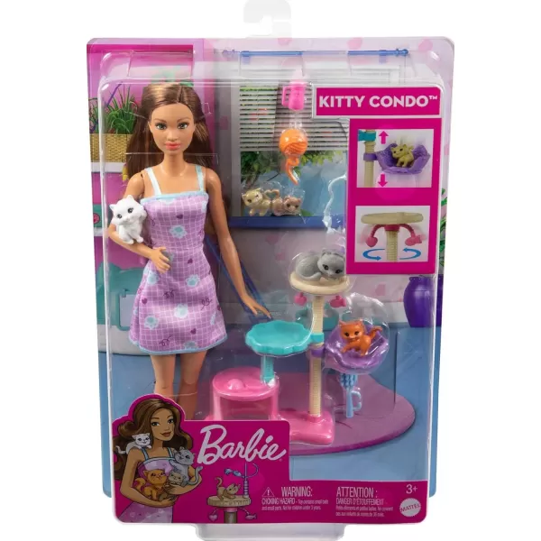 Barbie Kitty Condo Doll ampamp Pets Cat Tree Toy Playset with 5 Kitten Figures ampamp Accessories Brunette Fashion Doll