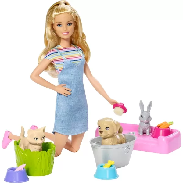 Barbie Play N Wash Pets Doll amp Playset with 3 ColorChange Animals amp 10 Accessories Blonde Doll with Blue EyesMulticolor