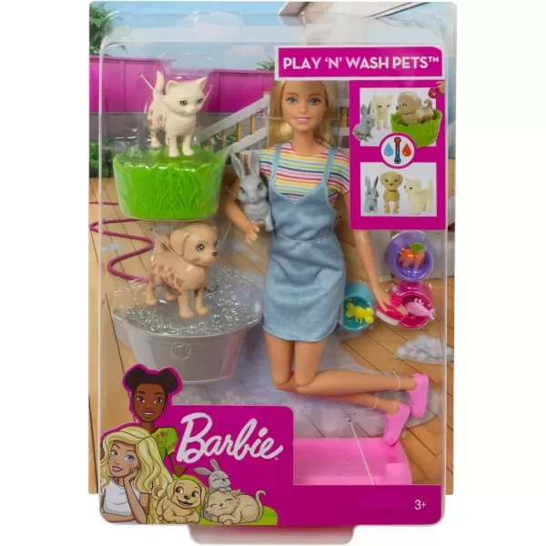 Barbie Play N Wash Pets Doll amp Playset with 3 ColorChange Animals amp 10 Accessories Blonde Doll with Blue EyesMulticolor