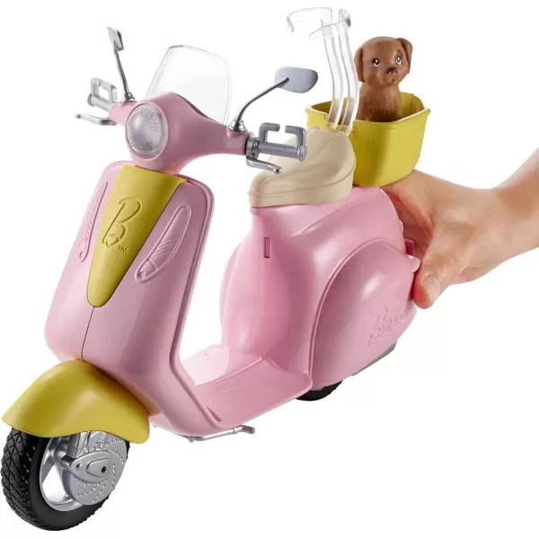 Barbie Scooter with Puppy and Helmet Accessory Pink and Yellow Moped with Basket Kickstand and Seat Clip for DollBarbie Scooter  Doll