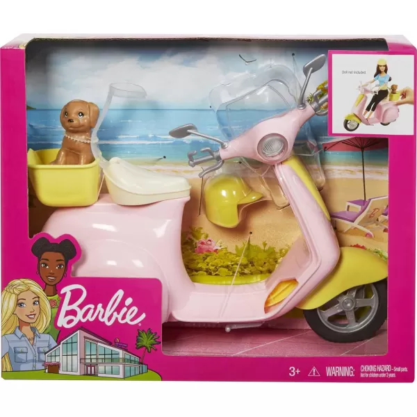 Barbie Scooter with Puppy and Helmet Accessory Pink and Yellow Moped with Basket Kickstand and Seat Clip for DollScooter