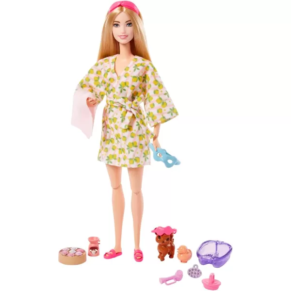 Barbie SelfCare Doll Blonde Posable Spa Day Doll in Lemon Bathrobe with Puppy amp Accessories Like Headband amp EyeMaskSpa Day Multicolor