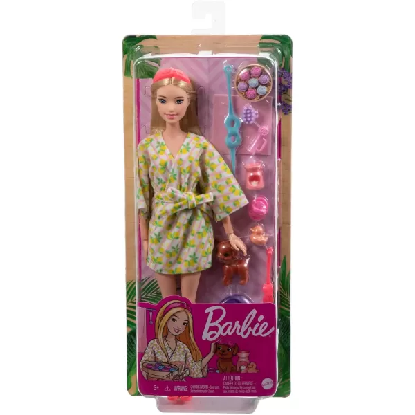 Barbie SelfCare Doll Blonde Posable Spa Day Doll in Lemon Bathrobe with Puppy amp Accessories Like Headband amp EyeMaskSpa Day Multicolor