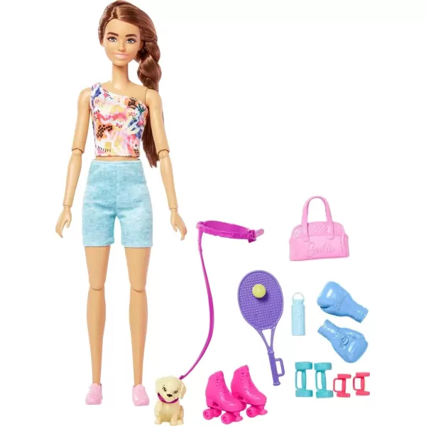 Barbie SelfCare Doll Brunette Posable Workout Doll with Puppy ampamp Accessories Including Roller Skates ampamp Tennis RacketsDoll