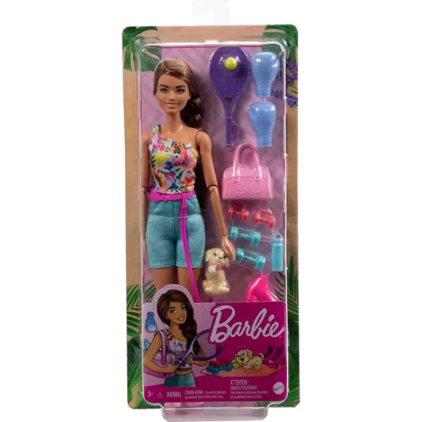 Barbie SelfCare Doll Brunette Posable Workout Doll with Puppy ampamp Accessories Including Roller Skates ampamp Tennis RacketsDoll