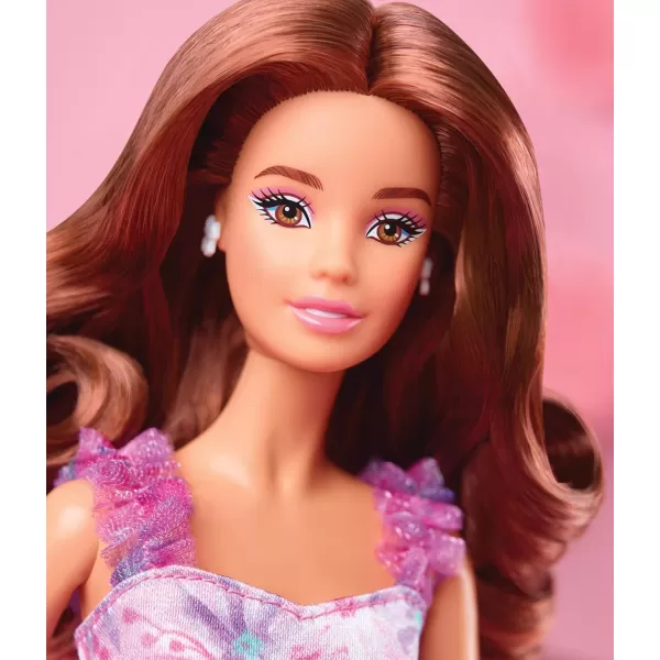 Barbie Signature Birthday Wishes Doll Collectible in Satiny Lilac Dress with Wavy Brown Hair