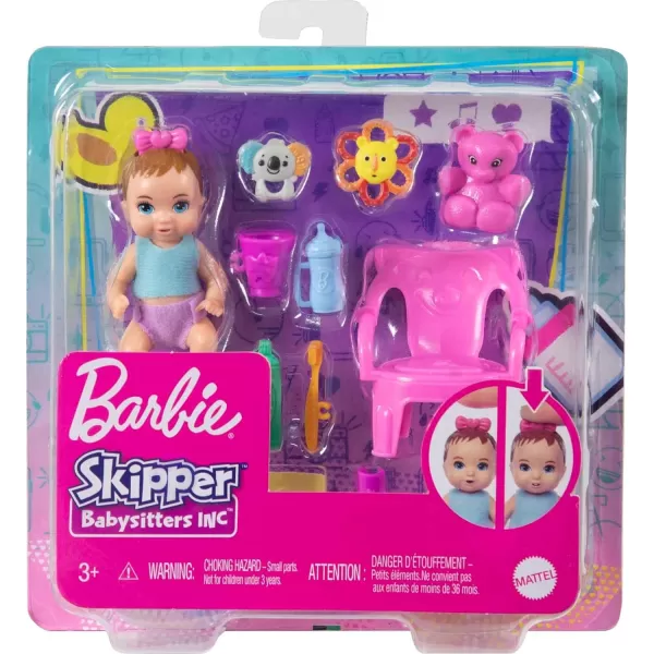 Barbie Skipper Babysitter First Tooth Playset with Skipper Doll Baby Doll with Tooth Feature Booster Seat and 8 Accessoriescute Multicolor