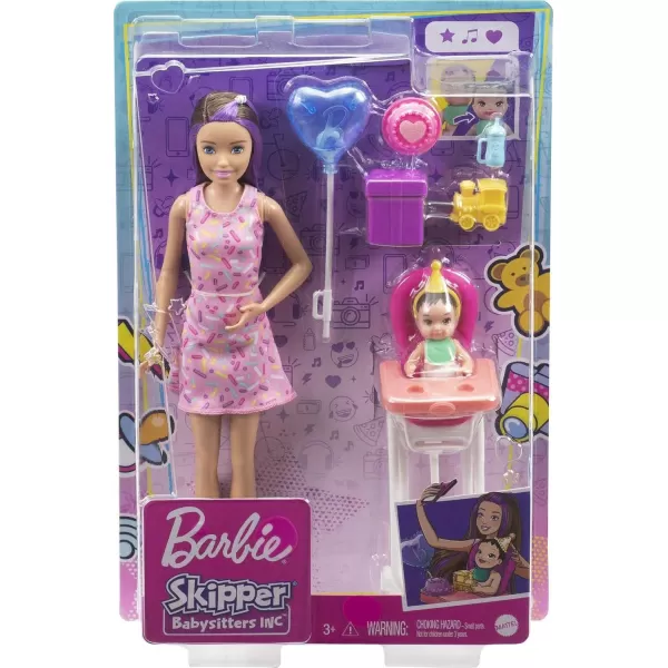 Barbie Skipper Babysitter Inc Playset Birthday Feeding Set with Skipper Doll ColorChange Baby Doll High Chair amp AccessoriesBrunette Multi