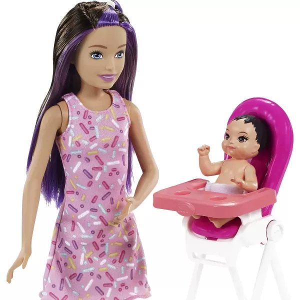 Barbie Skipper Babysitter Inc Playset Birthday Feeding Set with Skipper Doll ColorChange Baby Doll High Chair amp AccessoriesBrunette Multi