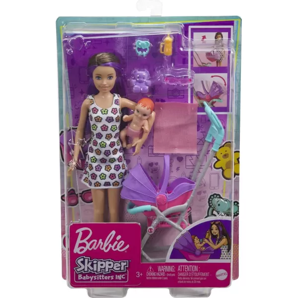 Barbie Skipper Babysitters Inc Playset with Doll Stroller Baby Doll amp 5 Accessories Remove Stroller Seat for CarrierBrunette Skpper