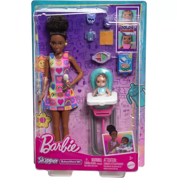 Barbie Skipper Doll  Playset with Accessories Babysitting Set Themed to Mealtime ColorChange Toy PlayBrunette