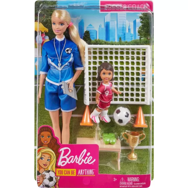 Barbie Soccer Coach Playset with Blonde Soccer Coach Doll Student Doll and Accessories Soccer Ball Clipboard Goal Net Cones Bench and More for Ages 3 and UpMulti