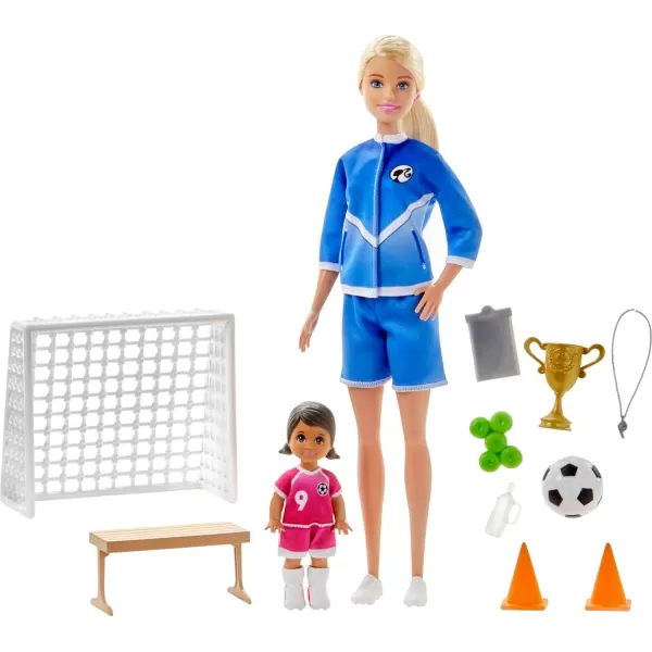 Barbie Soccer Coach Playset with Blonde Soccer Coach Doll Student Doll and Accessories Soccer Ball Clipboard Goal Net Cones Bench and More for Ages 3 and UpMulti