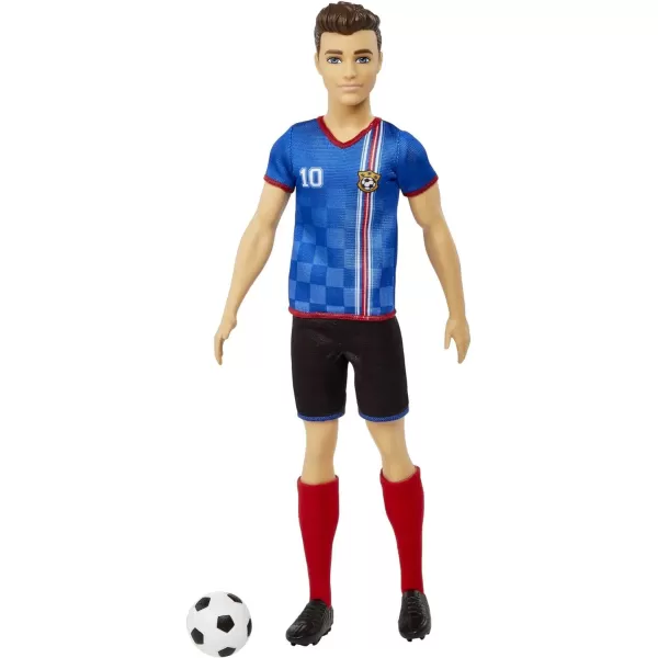 Barbie Soccer Ken Doll with Cropped Hair Colorful 10 Uniform Soccer Ball Cleats amp Tall Socks Soccer Ball 115 inchesBlue Jersey Multicolor