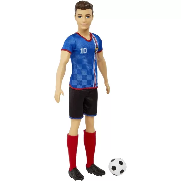 Barbie Soccer Ken Doll with Cropped Hair Colorful 10 Uniform Soccer Ball Cleats amp Tall Socks Soccer Ball 115 inchesBlue Jersey Multicolor