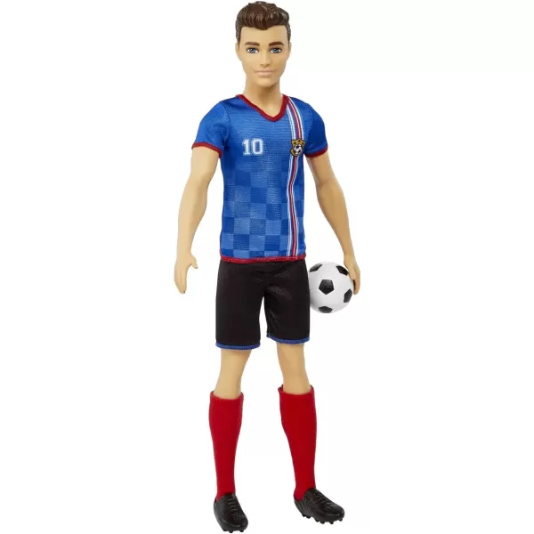 Barbie Soccer Ken Doll with Cropped Hair Colorful 10 Uniform Soccer Ball Cleats amp Tall Socks Soccer Ball 115 inchesBlue Jersey Multicolor