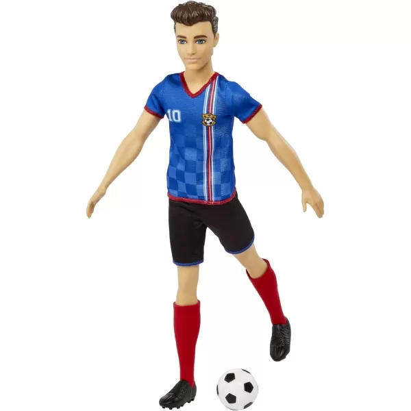 Barbie Soccer Ken Doll with Cropped Hair Colorful 10 Uniform Soccer Ball Cleats amp Tall Socks Soccer Ball 115 inchesBlue Jersey Multicolor