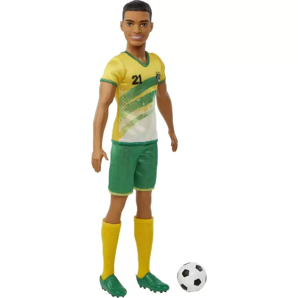 Barbie Soccer Ken Doll with Cropped Hair Colorful 10 Uniform Soccer Ball Cleats amp Tall Socks Soccer Ball 115 inchesYellow Jersey Multicolor