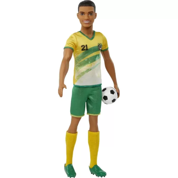 Barbie Soccer Ken Doll with Cropped Hair Colorful 10 Uniform Soccer Ball Cleats amp Tall Socks Soccer Ball 115 inchesYellow Jersey Multicolor