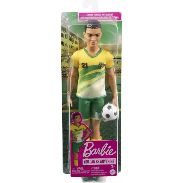 Barbie Soccer Ken Doll with Cropped Hair Colorful 10 Uniform Soccer Ball Cleats amp Tall Socks Soccer Ball 115 inchesYellow Jersey Multicolor