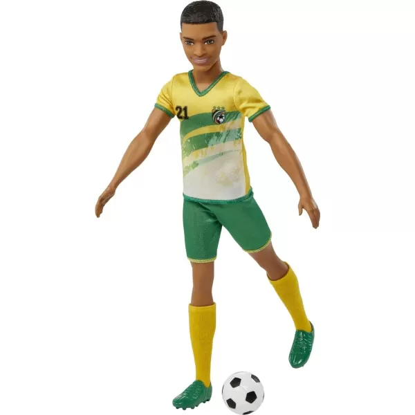 Barbie Soccer Ken Doll with Cropped Hair Colorful 10 Uniform Soccer Ball Cleats amp Tall Socks Soccer Ball 115 inchesYellow Jersey Multicolor