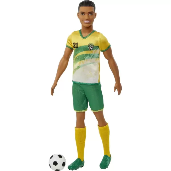 Barbie Soccer Ken Doll with Cropped Hair Colorful 10 Uniform Soccer Ball Cleats amp Tall Socks Soccer Ball 115 inchesYellow Jersey Multicolor