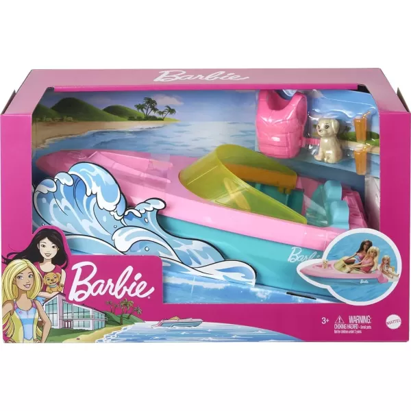 Barbie Toy Boat with Pet Puppy Life Vest and Beverage Accessories Fits 3 Dolls and Floats in WaterBarbie Toy Boat with Pet Puppy Life Vest and Beverage Accessories Fits 3 Dolls and Floats in Water