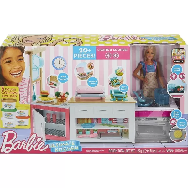 Barbie Ultimate Kitchen Doll amp Playset with Lights amp Sounds Food Molds 5 Dough Colors amp 20 Accessories Blonde Chef Doll Amazon ExclusivePinkFrustration Free