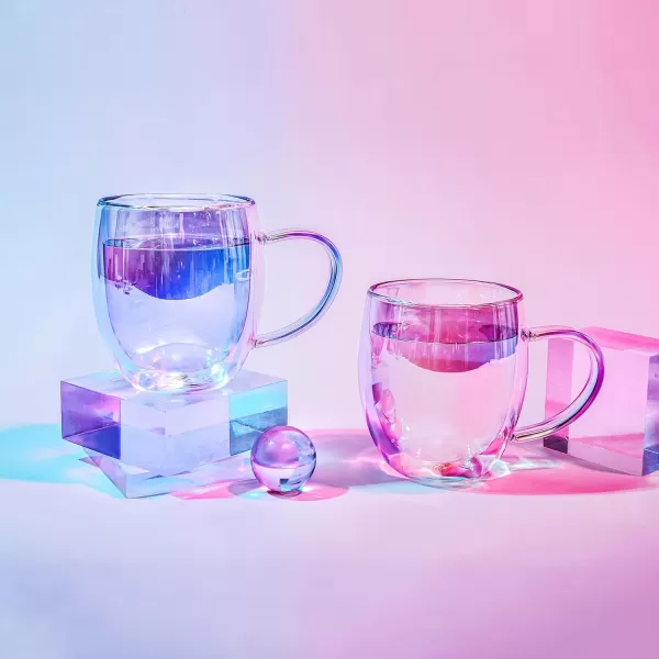 Dragon Glassware x Barbie Glass Coffee Mugs Barbie Dreamhouse Collection Clear Double Wall Insulated Cups with Pink Handle Keeps Beverages Hot or Cold Longer 16 oz Capacity Set of 2Set of 2 Iridescent