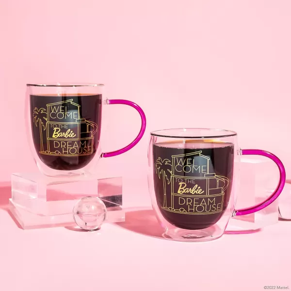 Dragon Glassware x Barbie Glass Coffee Mugs Barbie Dreamhouse Collection Clear Double Wall Insulated Cups with Pink Handle Keeps Beverages Hot or Cold Longer 16 oz Capacity Set of 2Set of 2 Barbie Dreamhouse