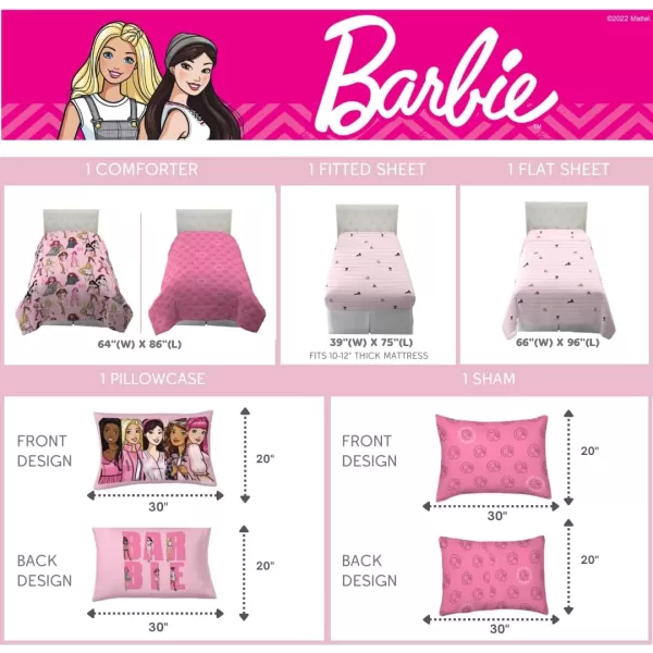 Franco Barbie Barbiecore Bedding Super Soft Comforter and Sheet Set with Sham 5 Piece Twin Size College Dorm Essentials Official Licensed ProductBarbie Twin