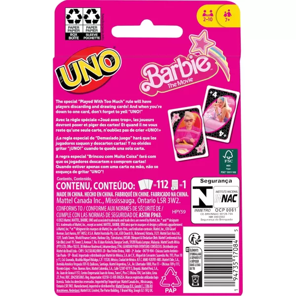 Mattel Games UNO Barbie The Movie Card Game Inspired by the Movie for Family Night Game Night Travel Camping and PartyMattel Games UNO Barbie The Movie Card Game Inspired by the Movie for Family Night Game Night Travel Camping and Party