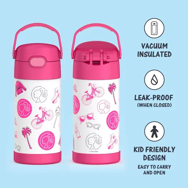 THERMOS FUNTAINER 12 Ounce Stainless Steel Vacuum Insulated Kids Straw Bottle BarbieBarbie 12 Ounce Licensed Characters