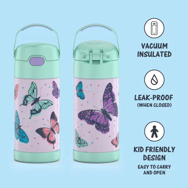 THERMOS FUNTAINER 12 Ounce Stainless Steel Vacuum Insulated Kids Straw Bottle BarbieButterfly Frenzy 12 Ounce Decorated