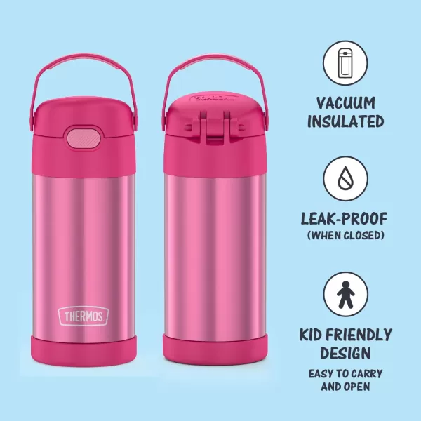 THERMOS FUNTAINER 12 Ounce Stainless Steel Vacuum Insulated Kids Straw Bottle BarbiePink 12 Ounce Solid Color