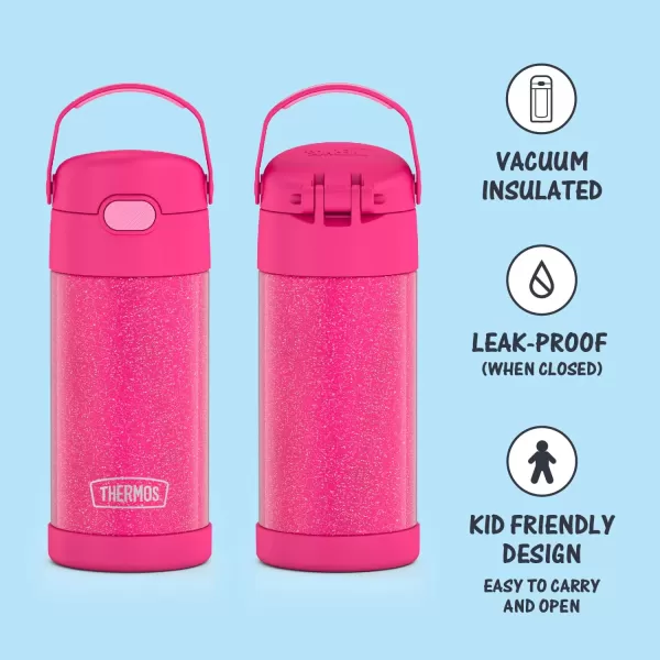 THERMOS FUNTAINER 12 Ounce Stainless Steel Vacuum Insulated Kids Straw Bottle BarbiePink Gitter 12 Ounce Solid Color