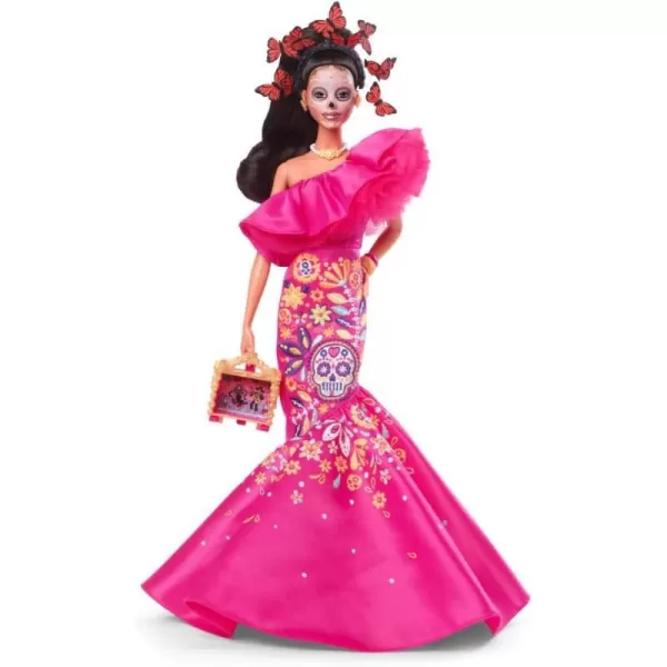 Barbie 2023 Da De Muertos Barbie Doll Wearing Ruffled Pink Gown and Holding Tiny Ofrenda Barbie SignatureBarbie 2023 Da De Muertos Barbie Doll Wearing Ruffled Pink Gown and Holding Tiny Ofrenda Barbie Signature