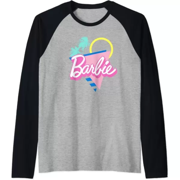 Barbie 90s Retro Logo  Bright Pink Raglan Baseball TeeBlackAthletic Heather