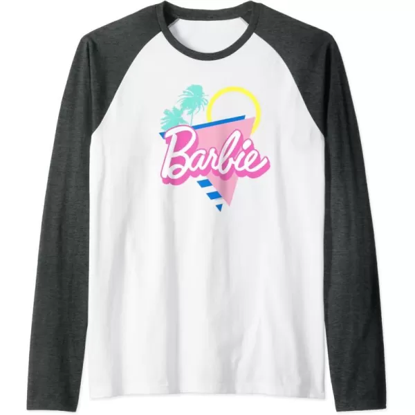 Barbie 90s Retro Logo  Bright Pink Raglan Baseball TeeDark Heather GreyWhite