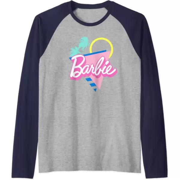 Barbie 90s Retro Logo  Bright Pink Raglan Baseball TeeNavy BlueAthletic Heather