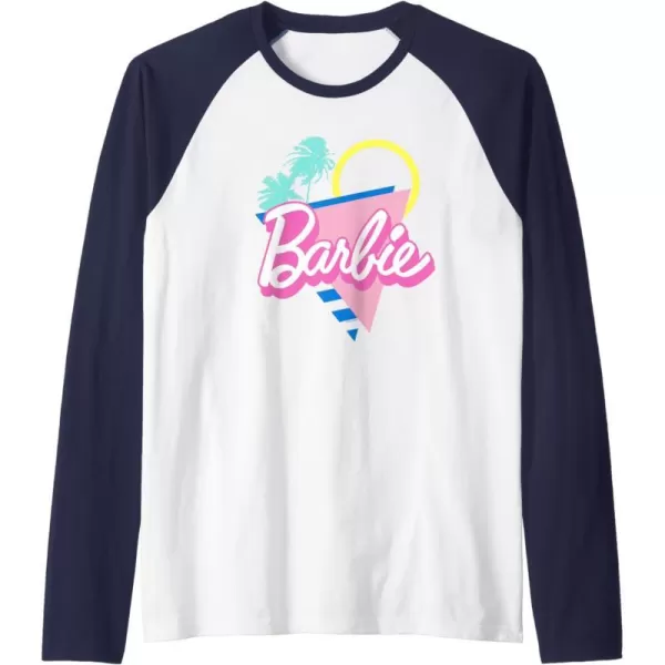 Barbie 90s Retro Logo  Bright Pink Raglan Baseball TeeNavy BlueWhite