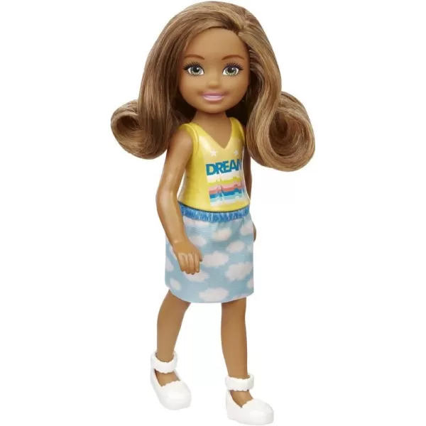 Barbie Chelsea Doll 6inch Brunette Wearing Skirt with Cloud Print and White Shoes Gift for 3 to 7 Year OldsBarbie Chelsea Doll 6inch Brunette Wearing Skirt with Cloud Print and White Shoes Gift for 3 to 7 Year Olds