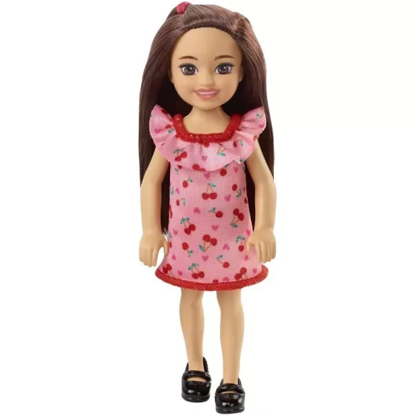 Barbie Chelsea Doll Brunette Wearing Ruffled CherryPrint Dress and Black Shoes Toy for Kids Ages 3 Years Old amp UpBarbie Chelsea Doll Brunette Wearing Ruffled CherryPrint Dress and Black Shoes Toy for Kids Ages 3 Years Old amp Up