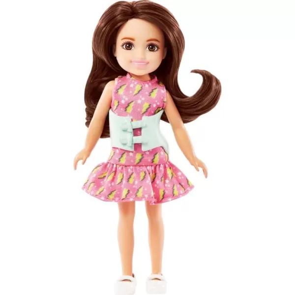 Barbie Chelsea Doll Small Doll with Brace for Scoliosis Spine Curvature Brunette Wearing Pink Lightning Bolt DressBarbie Chelsea Doll Small Doll with Brace for Scoliosis Spine Curvature Brunette Wearing Pink Lightning Bolt Dress