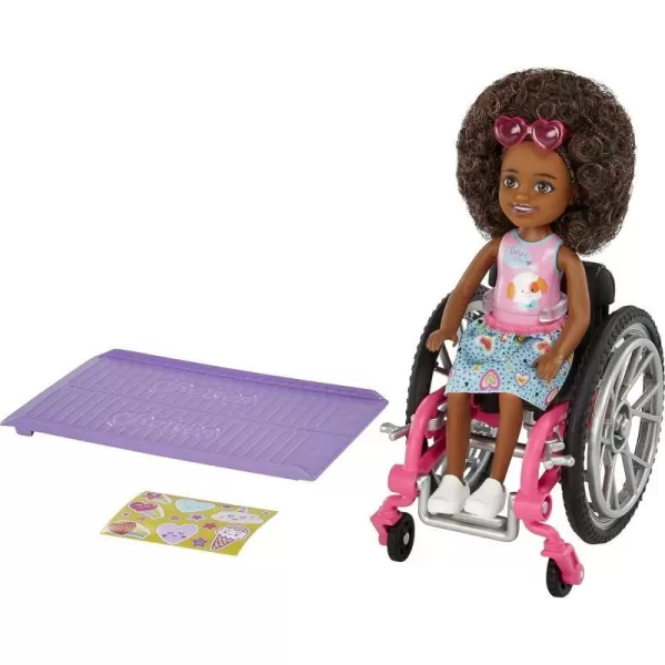 Barbie Chelsea Doll amp Wheelchair with Moving Wheels Ramp Sticker Sheet amp Accessories Small Doll with Curly Brown HairBrunette Mulicolor