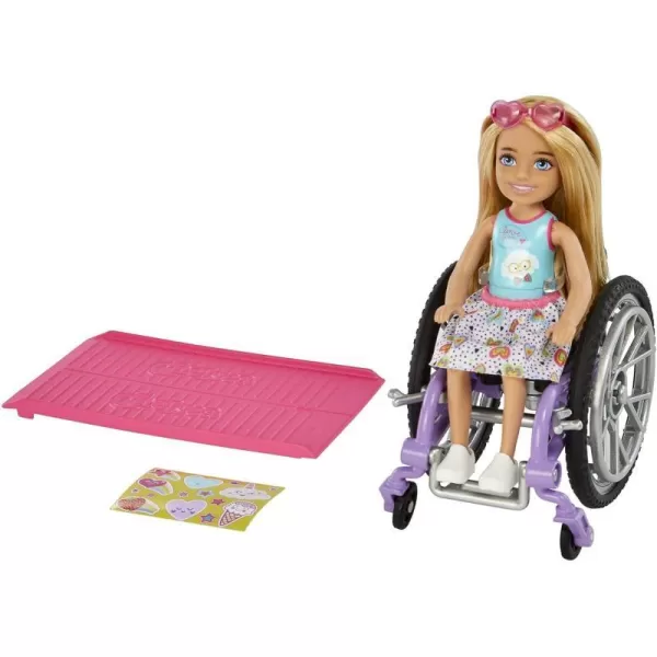 Barbie Chelsea Doll amp Wheelchair with Moving Wheels Ramp Sticker Sheet amp Accessories Small Doll with Curly Brown Hairblonde Mulicolor