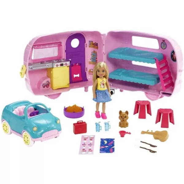 Barbie Club Chelsea Toy Car amp Camper Playset Blonde Chelsea Small Doll Puppy amp 10 Accessories Unhitch amp Open for CampsiteStandard Multi