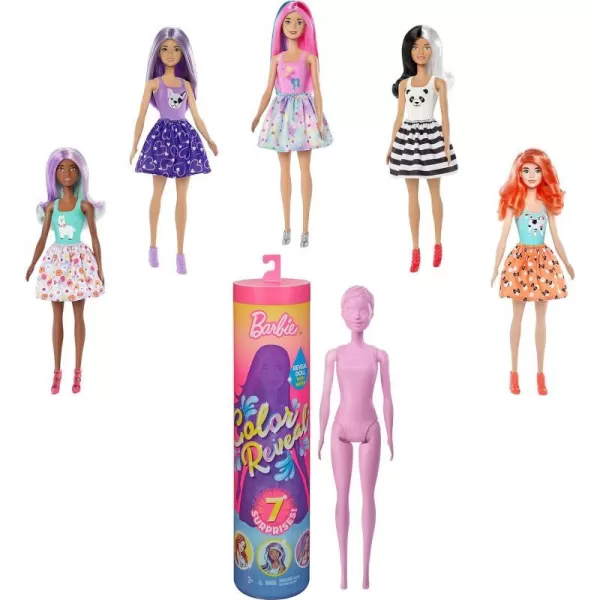 Barbie Color Reveal Doll with 7 Surprises Water Reveals Dolls Look amp Creates Color Change on Face amp Sculpted Hair 4 Mystery Bags Contain Surprise Wig Skirt Shoes amp Sponge AnimalThemedAnimal Series