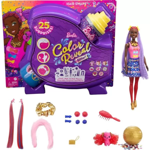 Barbie Color Reveal Glitter Hair Swaps Doll Glittery Pink with 25 Hairstyling amp PartyThemed Surprises Including 10 Plugin Hair Pieces Gift for Kids 3 Years Old amp UpBows