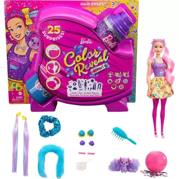 Barbie Color Reveal Glitter Hair Swaps Doll Glittery Pink with 25 Hairstyling amp PartyThemed Surprises Including 10 Plugin Hair Pieces Gift for Kids 3 Years Old amp UpCupcake